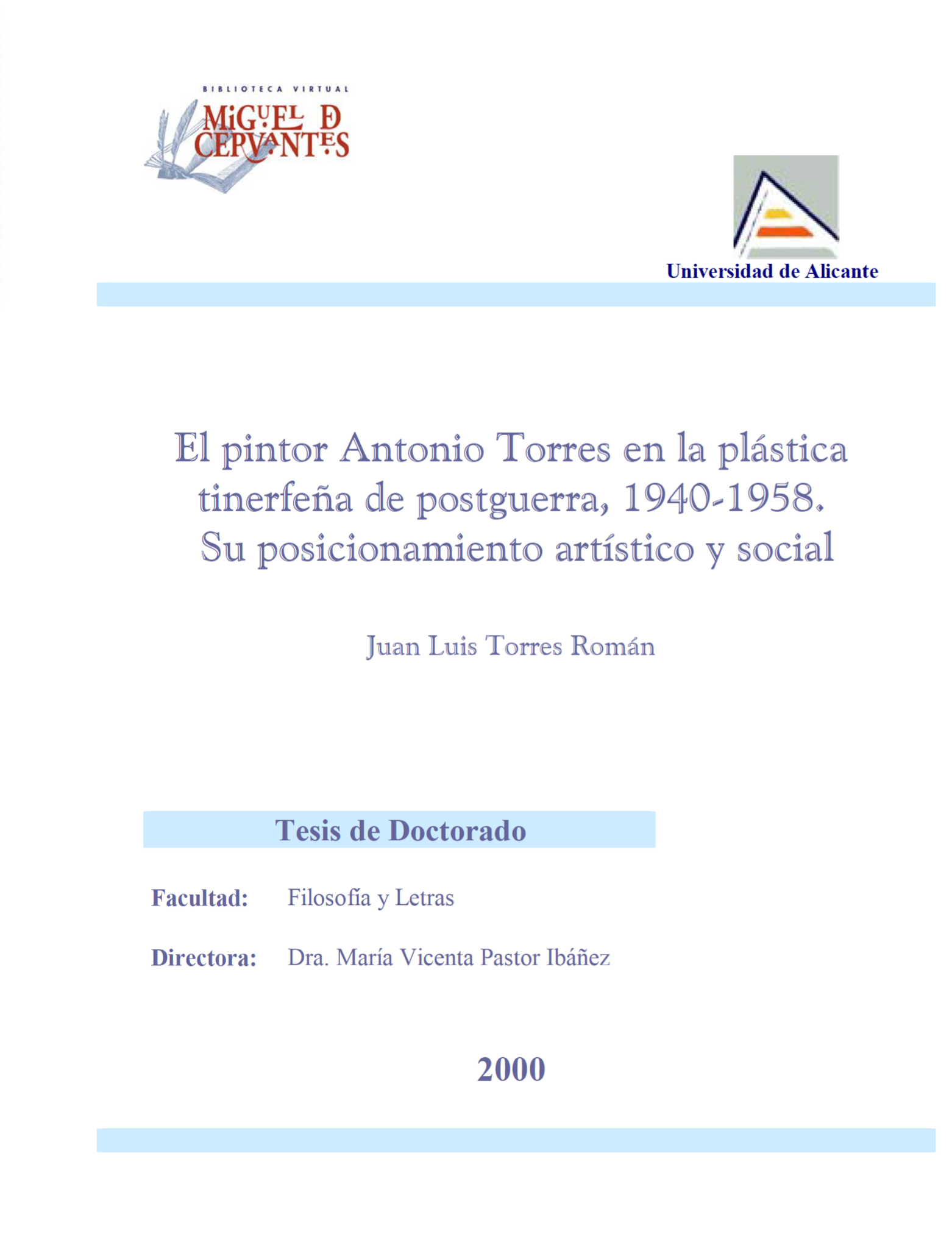 Portada de la tesis doctoral sobre Antonio Torres