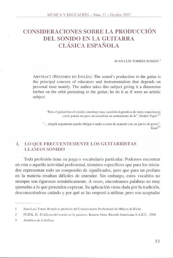 CONSIDERACIONES SOBRE LA PRODUCCIÓN DEL SONIDO EN LA GUITARRA CLÁSICA ESPAÑOLA, página 1